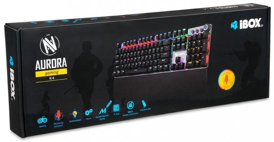 Opakowanie klawiatury IBOX Aurora K-4 z widocznym logo i nazwą produktu. Na opakowaniu znajdują się grafiki przedstawiające klawiaturę z podświetleniem oraz ikony funkcji.