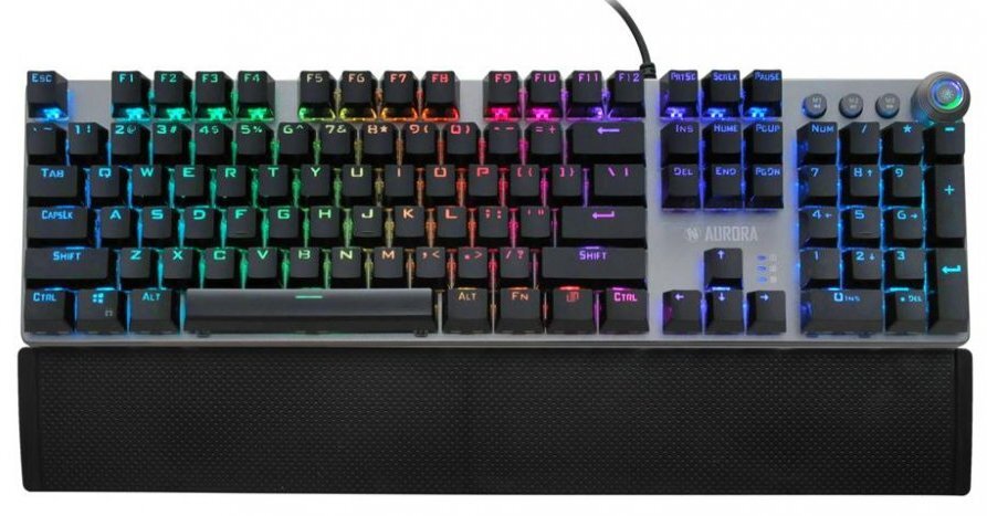 Klawiatura mechaniczna z podświetleniem RGB, posiadająca pełny układ klawiszy oraz dodatkowe przyciski multimedialne. Na obudowie widoczne jest logo \'AURORA\'.