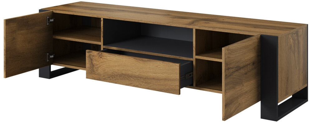 Szafka RTV wykonana z drewna w kolorze dąb wotan z antracytowymi elementami, posiada otwarte półki, szufladę oraz zamykane szafki po bokach.