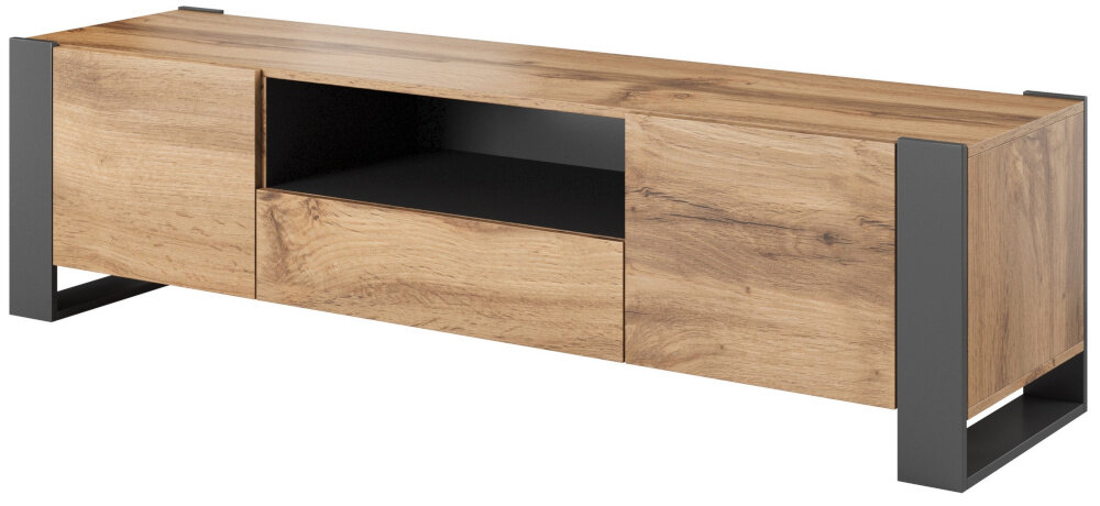 Szafka RTV wykonana z drewna w kolorze dąb wotan z antracytowymi elementami. Posiada otwartą półkę i zamknięte szafki po bokach.