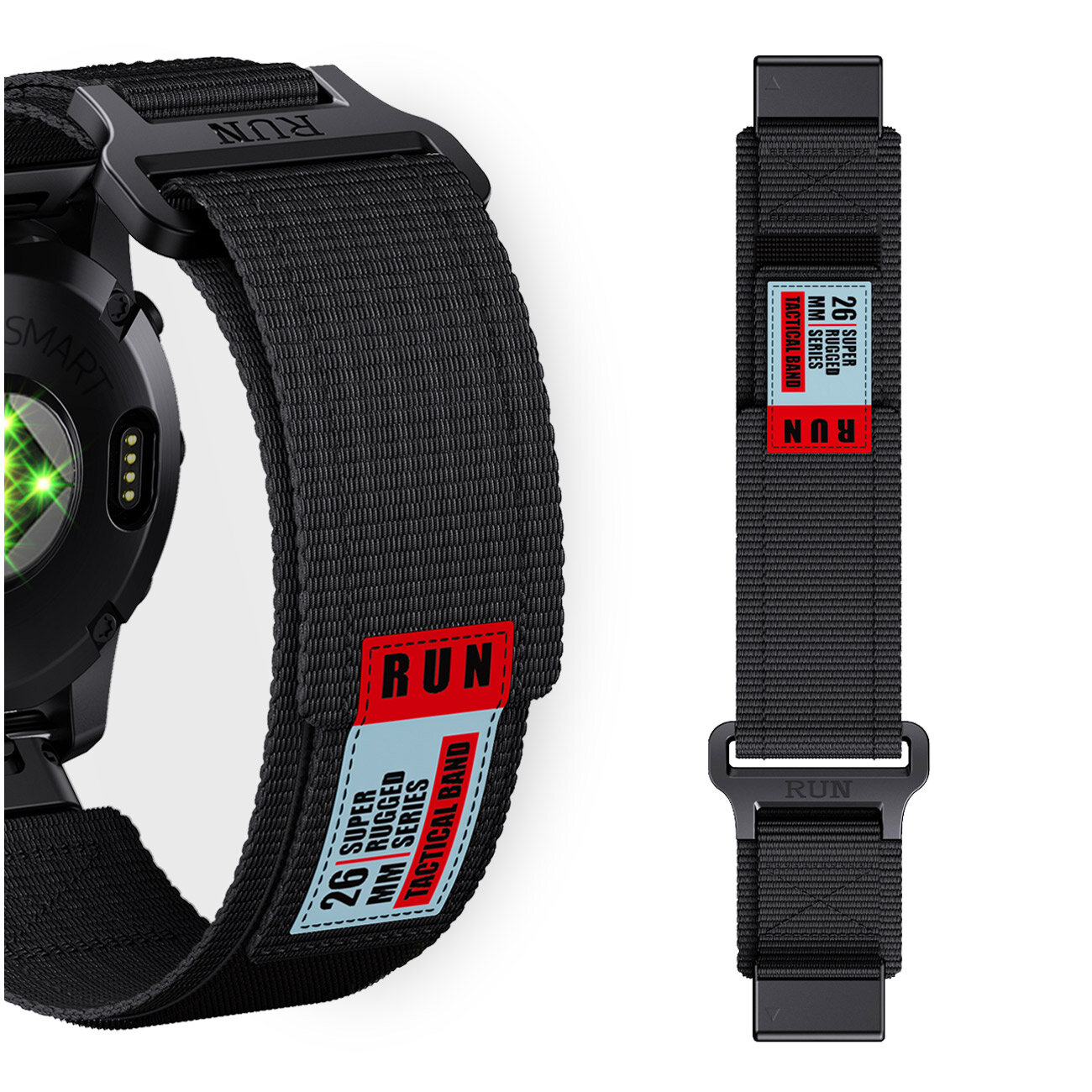 Czarny pasek do zegarka z napisem \'RUN\' na czerwonym tle oraz \'26 SUPER RUGGED MM STRAPS TACTICAL BAND\' na niebieskim tle. Pasek posiada metalowe zapięcie z wygrawerowanym napisem \'RUN\'.