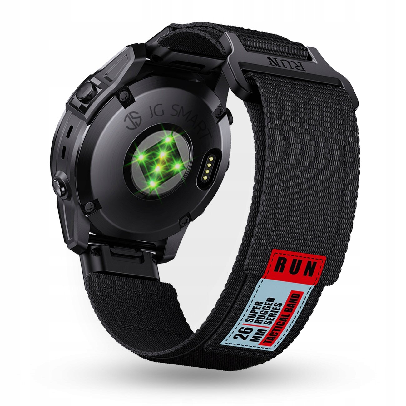 Czarny pasek zegarka z napisem \'RUN\' oraz \'26 SUPER RUGGED MM NYLON TACTICAL BAND\'. Na zegarku widoczne jest logo \'JG SMART\'.