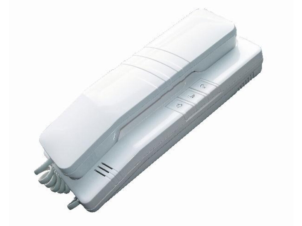 Domofon EURA ADP-42A3 unifon z wytrzymałego tworzywa sztucznego w białym kolorze komponenty wewnętrzne odpowiednio zabezpieczono przed uszkodzeniem