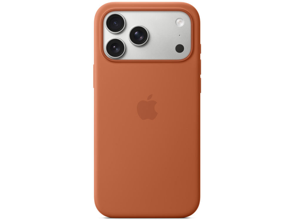 Na zdjęciu widoczny jest telefon w terakotowym etui silikonowym z trzema aparatami i logo Apple. Etui jest dopasowane do kształtu telefonu, a aparaty są umieszczone w lewym górnym rogu.