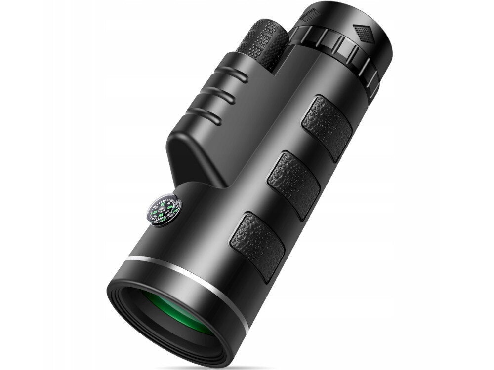 Czarny monokular z zielonym obiektywem i wbudowanym kompasem na obudowie. Posiada teksturowane uchwyty i regulację ostrości.