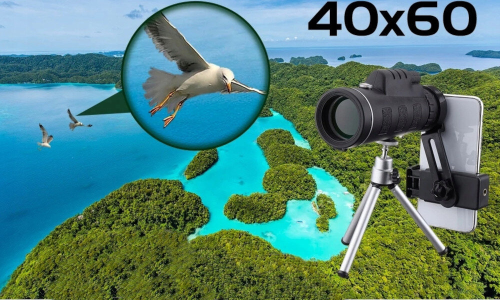 Obraz przedstawia monokular zamontowany na statywie, połączony z telefonem, na tle krajobrazu z wyspami i wodą. W lewym górnym rogu widoczny jest powiększony obraz ptaka w locie oraz napis \'40x60\'.