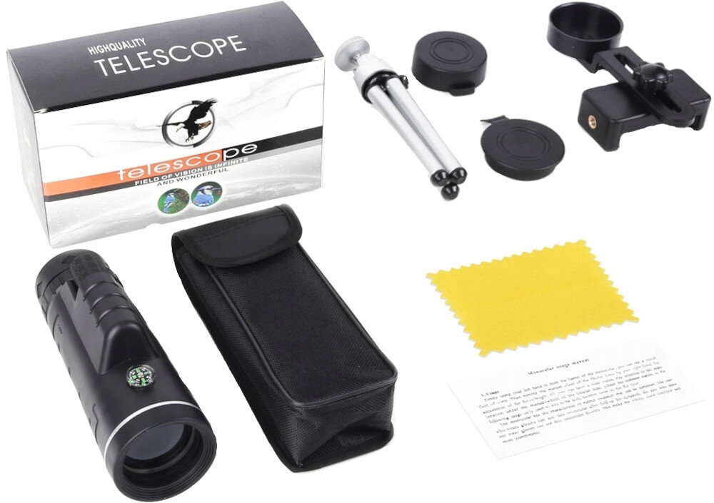 Na obrazie znajduje się zestaw z monokularem, w skład którego wchodzą: monokular z kompasem, futerał, statyw, uchwyt, osłony na obiektyw, ściereczka oraz instrukcja. Opakowanie produktu ma napis \'HIGH QUALITY TELESCOPE\'.