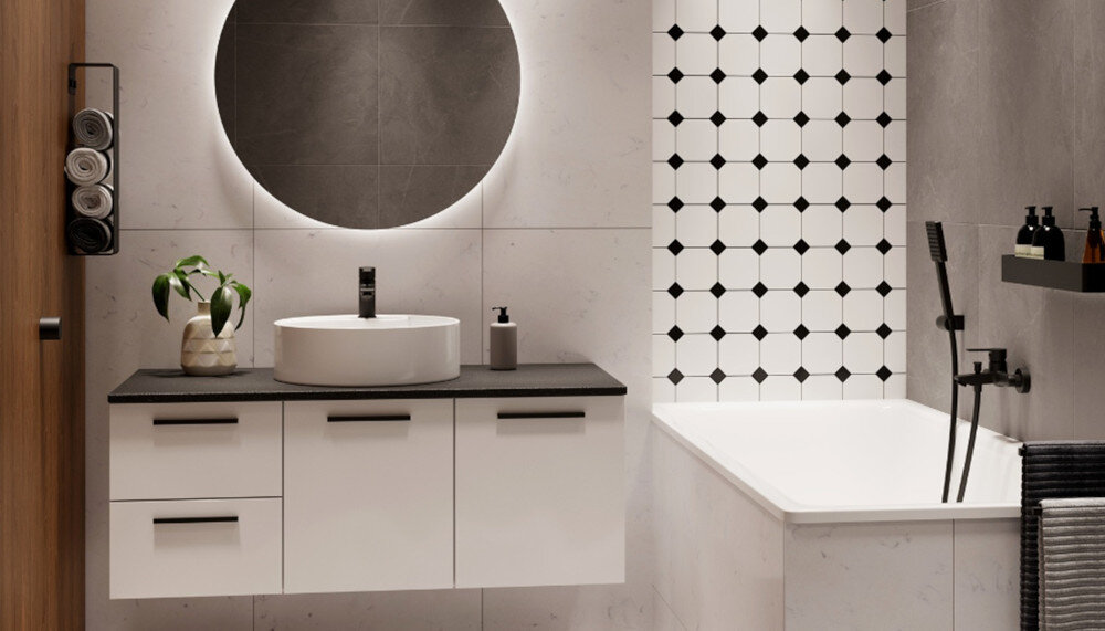 BATERIA UMYWALKOWA INVENA BRALOS Szafka łazienkowa z umywalką nablatową i podświetlanym lustrem. Minimalistyczny design podkreśla elegancki charakter wnętrza