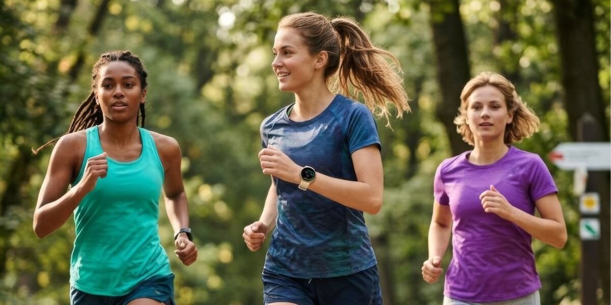 Trzy osoby biegną w parku, każda z nich ma na nadgarstku smartwatch. W tle widać drzewa i rozmyte oznaczenia szlaków.