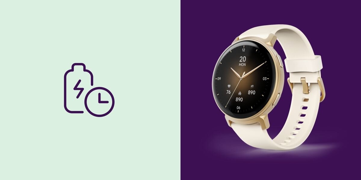 Po lewej stronie ikona baterii i zegara na jasnym tle, po prawej złoty smartwatch z białym paskiem na fioletowym tle.