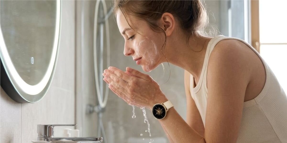 Osoba myje twarz w łazience, nosząc smartwatch na nadgarstku. W tle widoczne jest okrągłe lustro i umywalka.