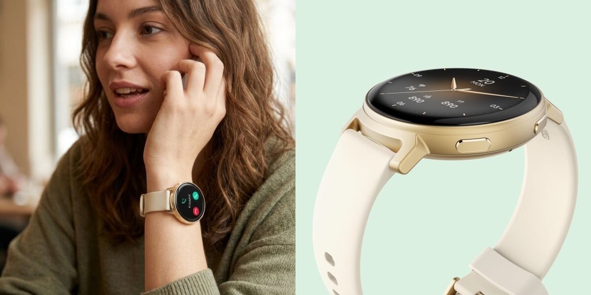 Na obrazie widać osobę noszącą złoty smartwatch z okrągłym wyświetlaczem, a obok znajduje się zbliżenie tego samego zegarka z widocznym interfejsem i przyciskiem bocznym.