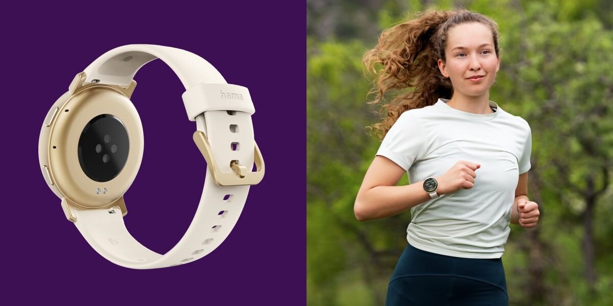 Po lewej stronie widoczny jest złoty smartwatch z jasnym paskiem i logo \'hama\' na zapięciu. Po prawej stronie osoba biegnie w plenerze, nosząc smartwatch na nadgarstku.