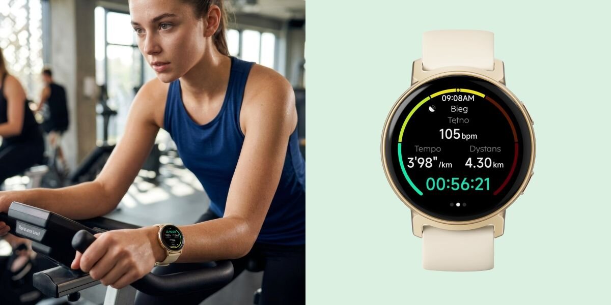 Po lewej stronie osoba ćwiczy na rowerze stacjonarnym, nosząc smartwatch na nadgarstku. Po prawej stronie zbliżenie smartwatcha z wyświetlaczem pokazującym dane treningowe, takie jak czas, tempo i dystans.