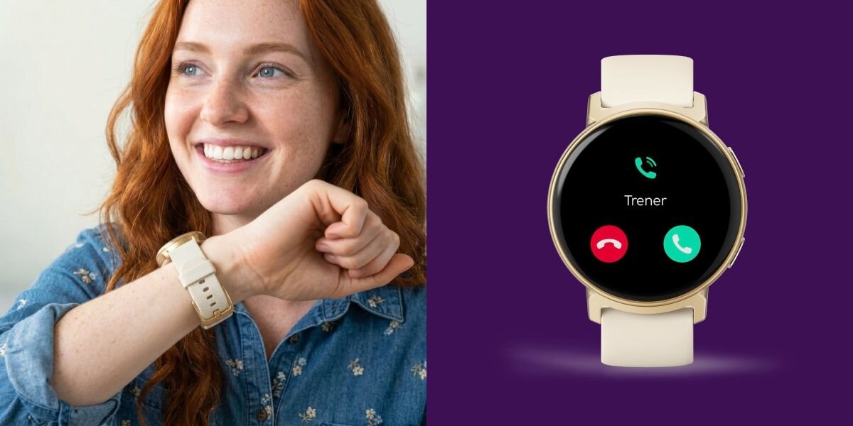Po lewej stronie osoba uśmiecha się, patrząc na smartwatch na nadgarstku. Po prawej stronie widoczny jest złoty smartwatch z ekranem pokazującym połączenie przychodzące od \'Trener\'.