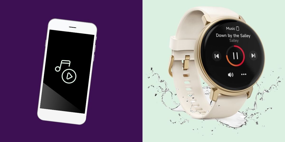 Po lewej stronie widoczny jest biały smartfon z ikoną nuty i przyciskiem odtwarzania na czarnym ekranie. Po prawej stronie znajduje się złoty smartwatch z białym paskiem, na którego ekranie wyświetlana jest muzyka \'Down by the Salley\' z przyciskami sterowania odtwarzaniem.