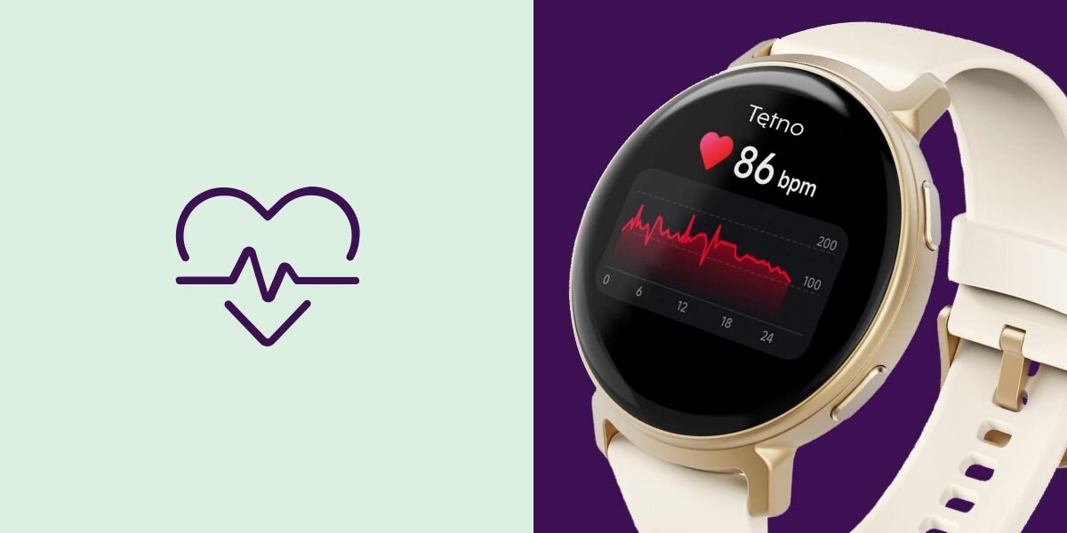 Obraz przedstawia smartwatch z okrągłym wyświetlaczem, na którym widoczny jest pomiar tętna: \'Tętno 86 bpm\'. Obok znajduje się ikona serca z linią EKG na jasnym tle.