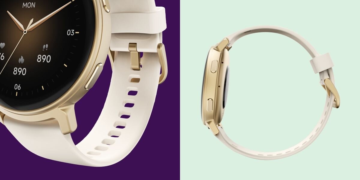 Złoty smartwatch z białym paskiem, wyświetlający na tarczy dzień tygodnia, godzinę oraz liczbę kroków. Widoczne są dwa przyciski z boku obudowy.