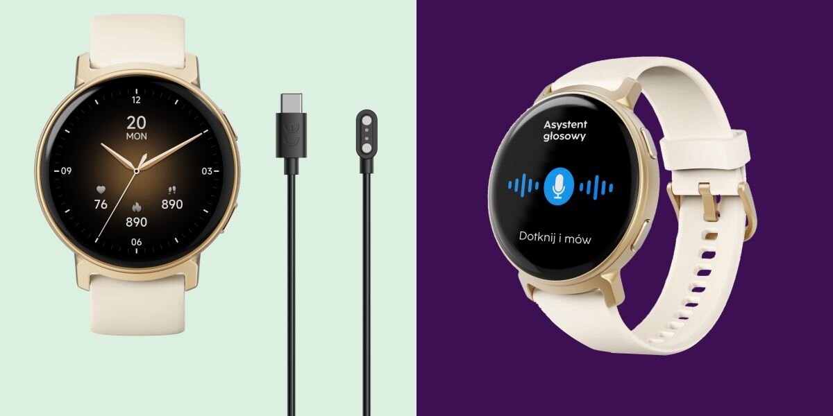 Na obrazie widoczny jest złoty smartwatch z jasnym paskiem, obok którego znajduje się czarny kabel z końcówką USB-C. Na ekranie zegarka wyświetla się tekst: \'Asystent głosowy Dotknij i mów\'.