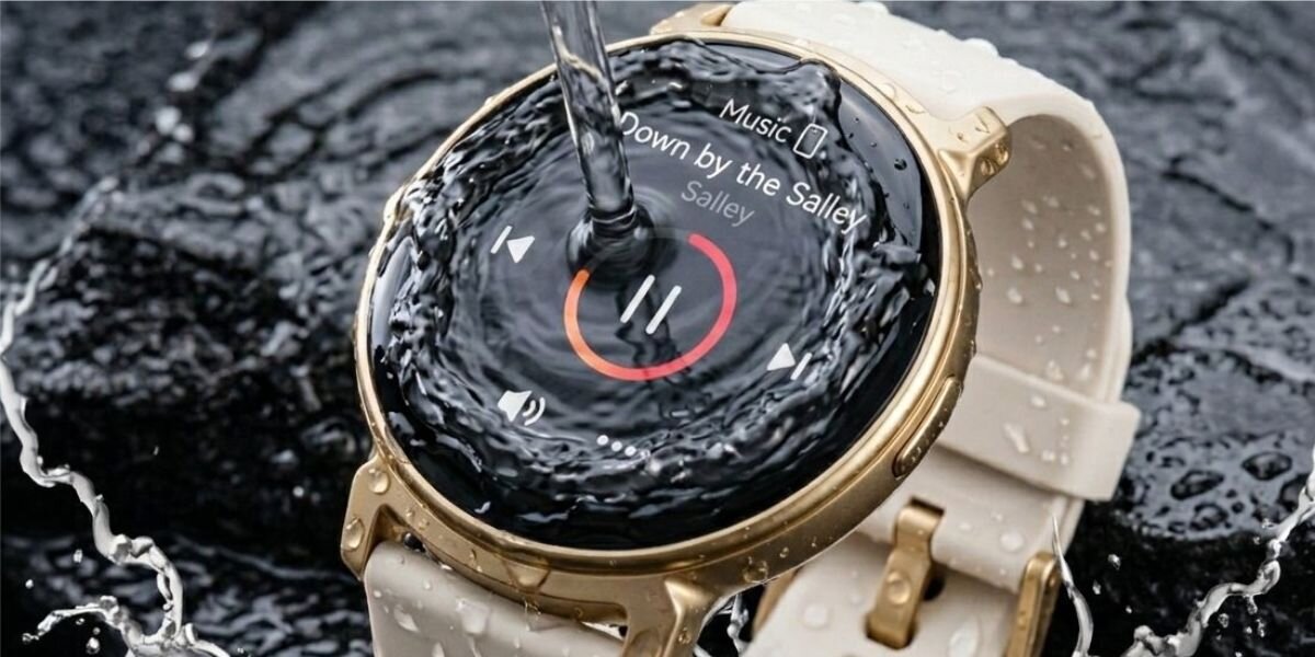Złoty smartwatch z okrągłym wyświetlaczem, na którym widoczny jest ekran odtwarzacza muzyki z napisem \'Music\', \'Down by the Salley\', \'Salley\'. Na zegarek spada woda, a wokół niego widać krople wody.