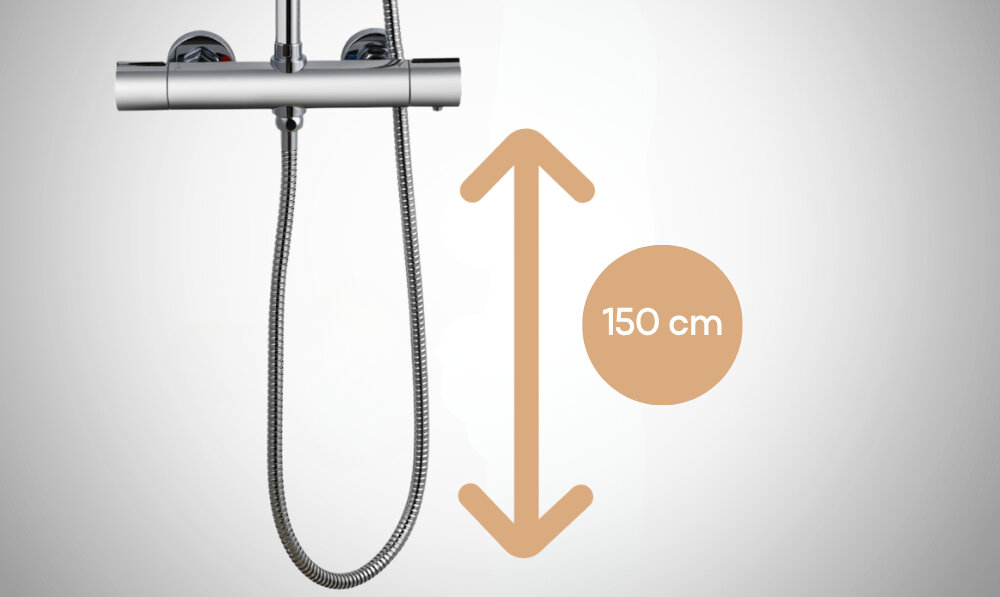 DESZCZOWNIA Z BATERIĄ TERMOSTATYCZNĄ INVENA VOLOS Wąż prysznicowy o długości 150 cm zapewnia wygodę użytkowania. Ułatwia swobodne korzystanie ze słuchawki prysznicowej głowica termostatyczna 30000 cykli trwałość niezawodność wąż 150 cm stal nierdzewna podwójny oplot odporność na skręcanie