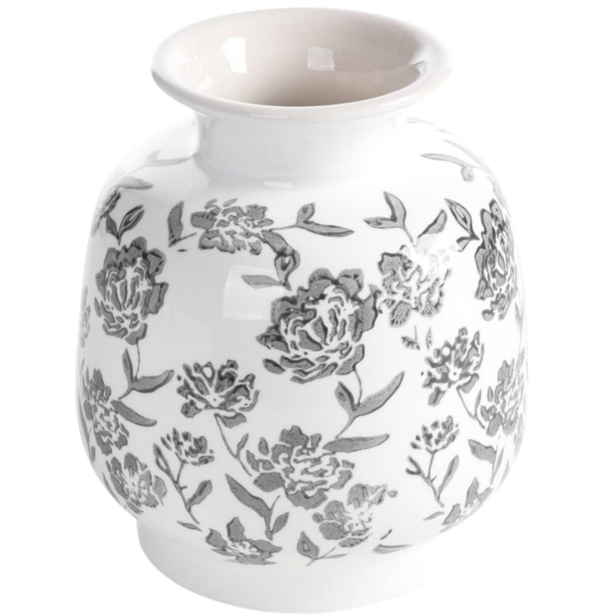 Ceramiczny wazon o białej powierzchni z szarym kwiatowym wzorem na całej powierzchni.