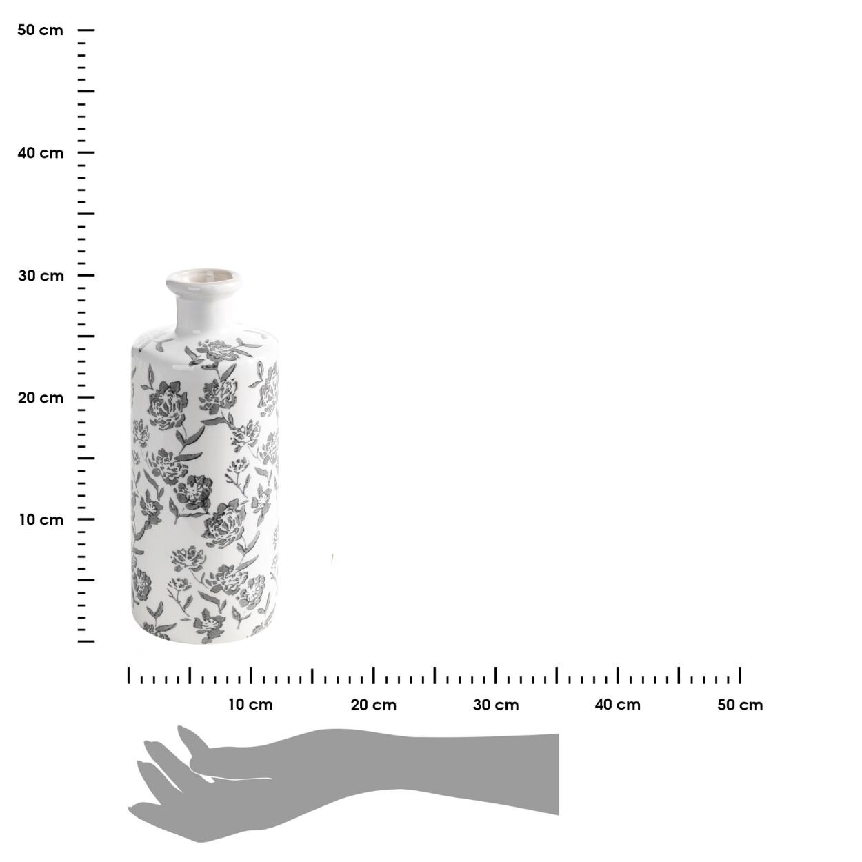 Wazon dekoracyjny z kwiatowym wzorem, wykonany ze szkła, o wymiarach 12x30 cm. Obok wazonu znajduje się miarka wskazująca jego wysokość oraz sylwetka dłoni dla porównania wielkości.