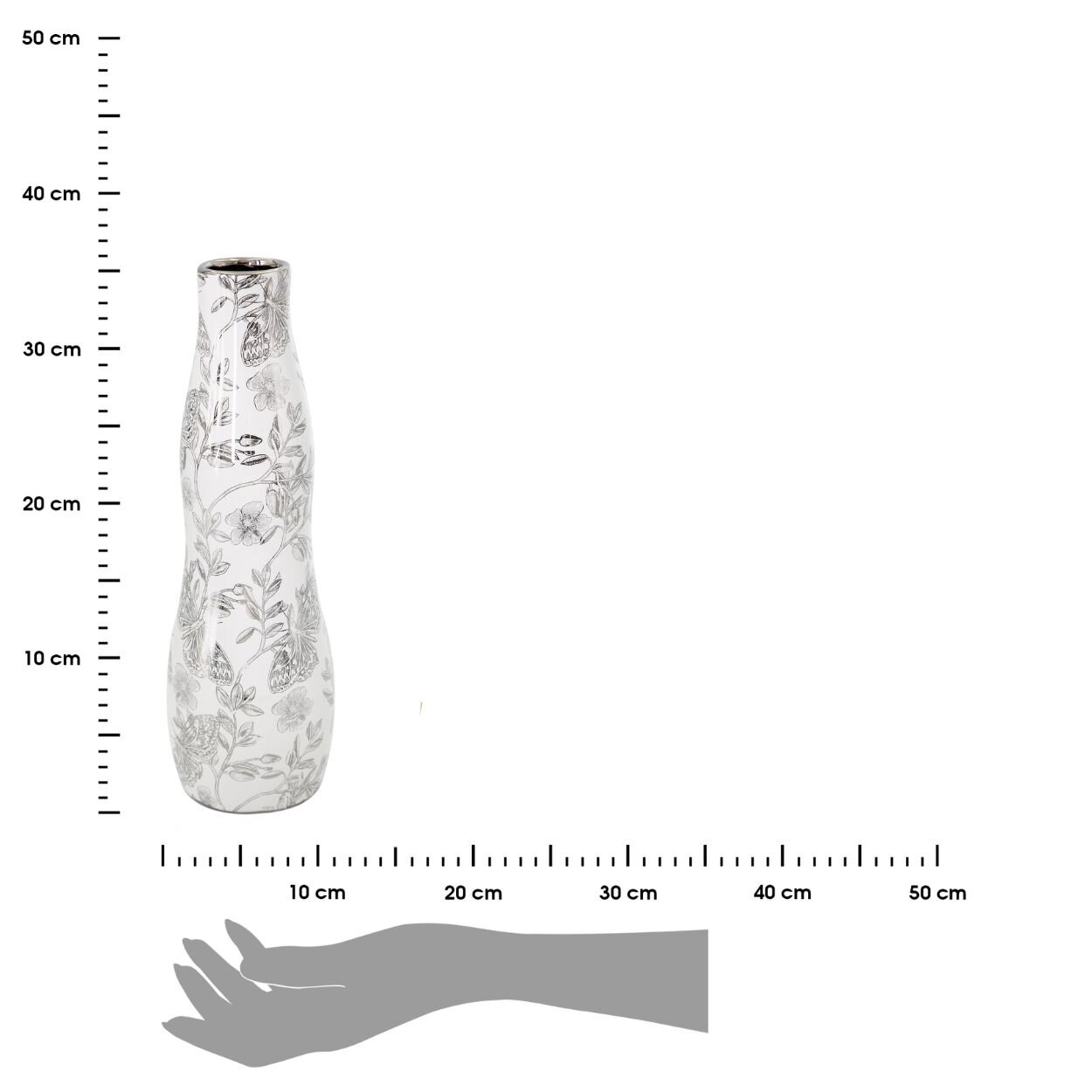 Wazon dekoracyjny o wysokości 35 cm z białym i srebrnym wzorem kwiatowym. Obok wazonu znajduje się miarka wskazująca jego wymiary oraz sylwetka dłoni dla porównania wielkości.
