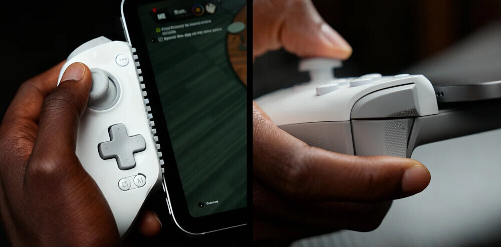 kontroler mobilny premium gaming bez kompromisów Zbliżenie na detale kontrolera GameSir: po lewej drążek i przyciski funkcyjne, po prawej ergonomiczny spust R2 z teksturowaną powierzchnią