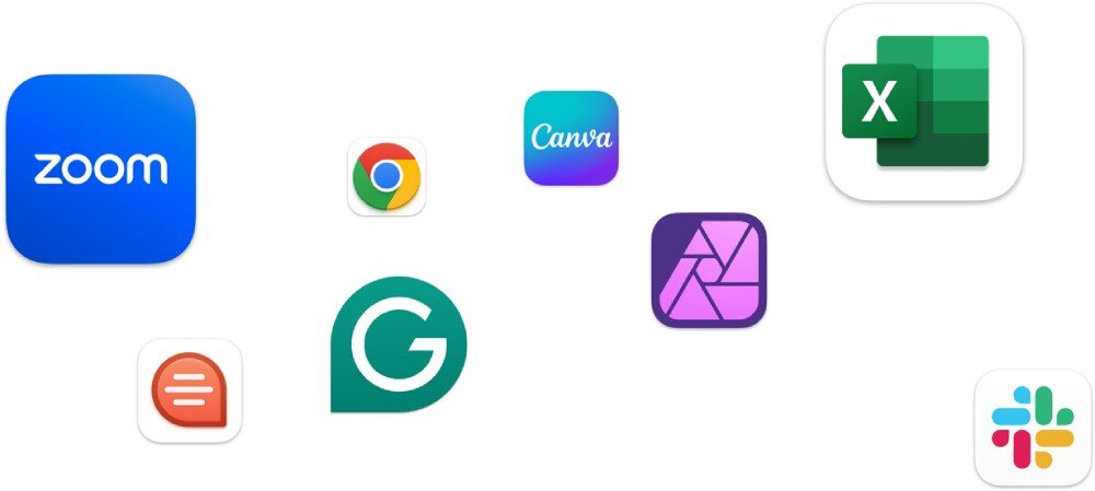 Obraz przedstawia ikony różnych aplikacji, w tym Zoom, Chrome, Canva, Excel, Grammarly, Affinity Photo, Slack i jedną nieznaną aplikację z pomarańczowym tłem i białymi liniami.