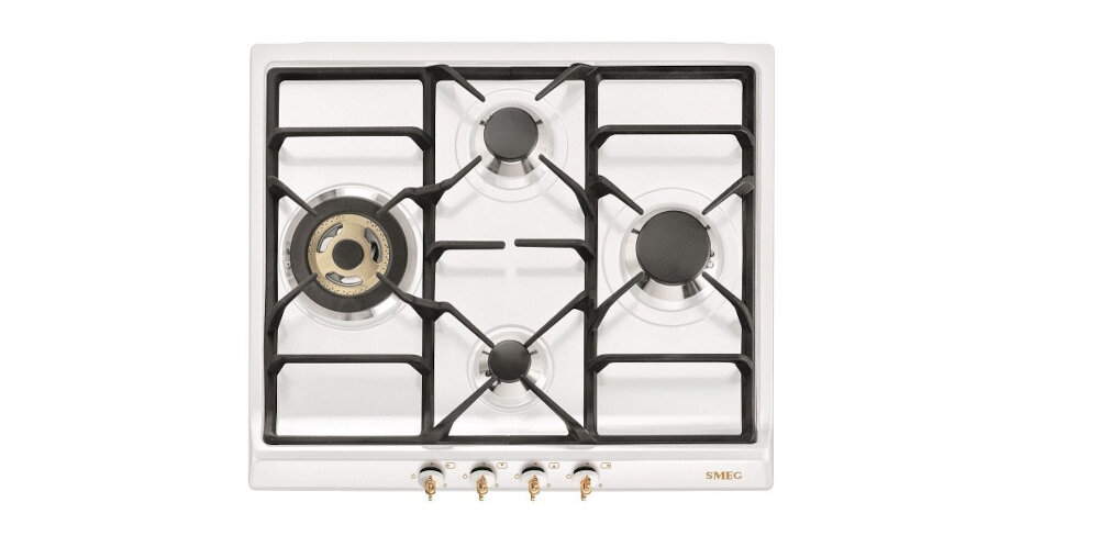 Płyta gazowa z czterema palnikami i metalowymi pokrętłami. Widoczne logo: SMEG.