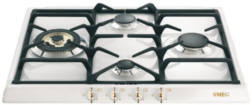Płyta gazowa z czterema palnikami i metalowymi pokrętłami. Widoczne logo: SMEG.