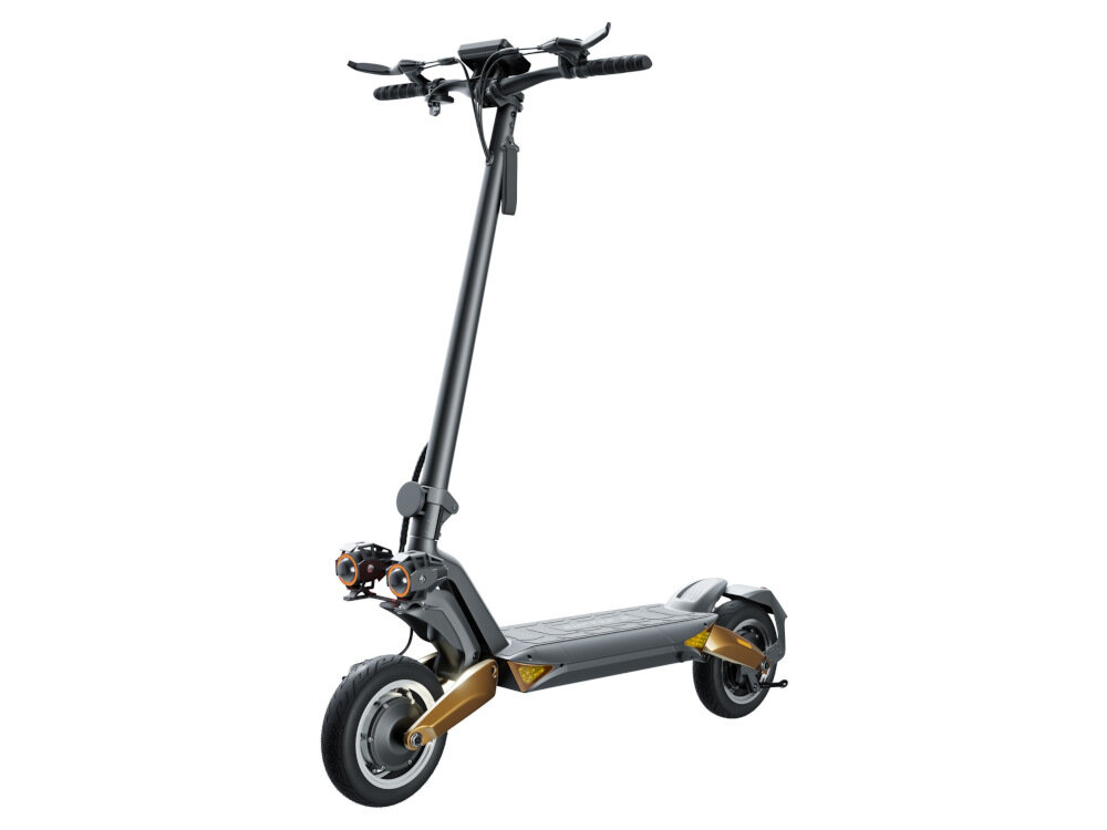 Na obrazie widoczna jest elektryczna hulajnoga w kolorze miedzianym z dużymi kołami i amortyzatorami. Hulajnoga ma czarną kierownicę i solidną konstrukcję.