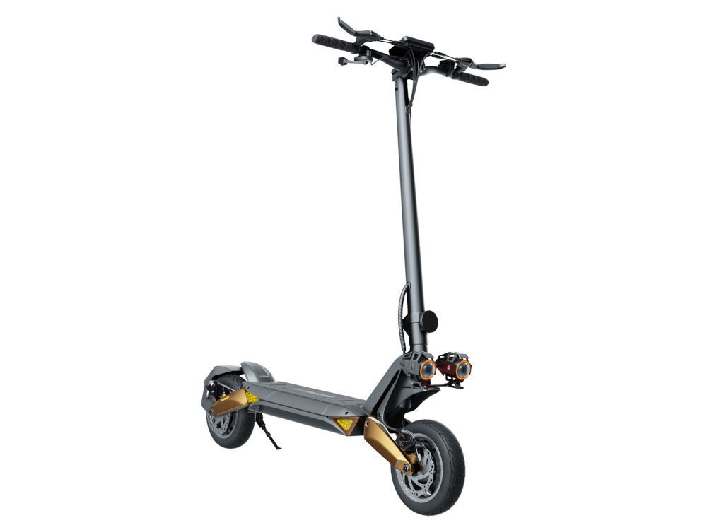 Na obrazie widoczna jest elektryczna hulajnoga o nowoczesnym designie, z dużymi kołami i miedzianymi elementami. Hulajnoga posiada dwa reflektory z przodu oraz solidną konstrukcję z amortyzatorami.