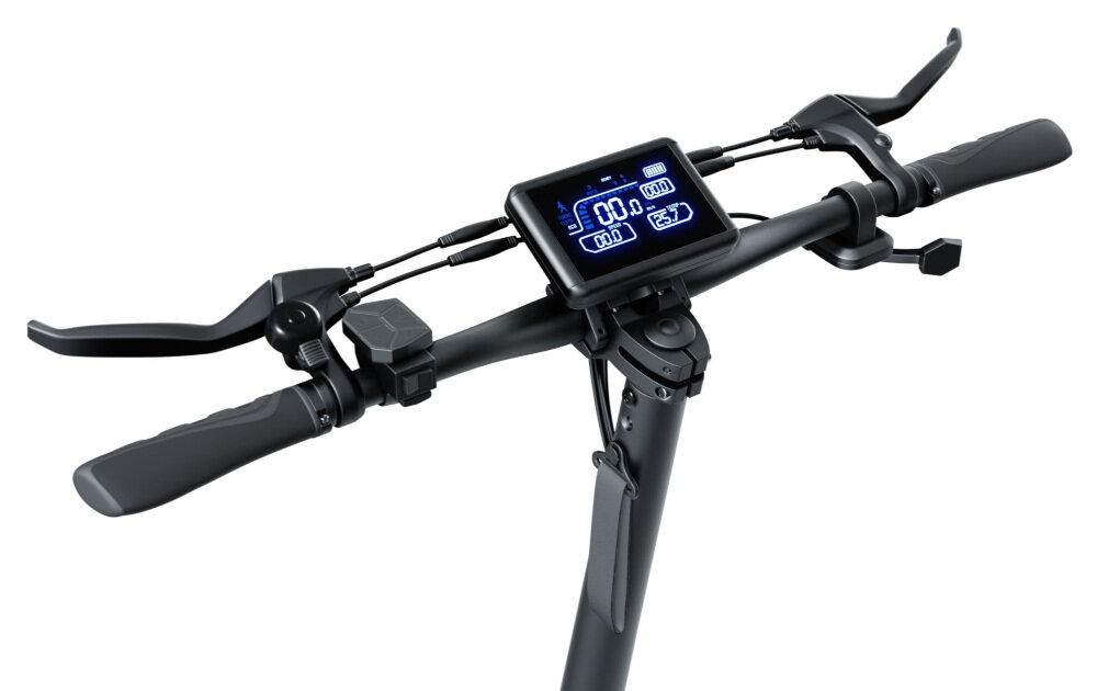 Kierownica hulajnogi elektrycznej z wyświetlaczem pokazującym prędkość, poziom naładowania baterii i inne parametry. Widoczne są manetki oraz elementy sterujące.