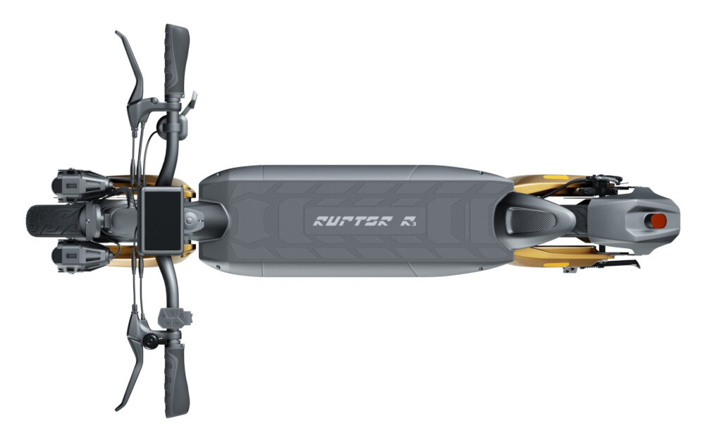 Widok z góry na elektryczną hulajnogę z napisem \'RUPTOR R6\' na platformie. Hulajnoga ma dwa amortyzatory i jest w kolorze miedzianym z elementami szarości.