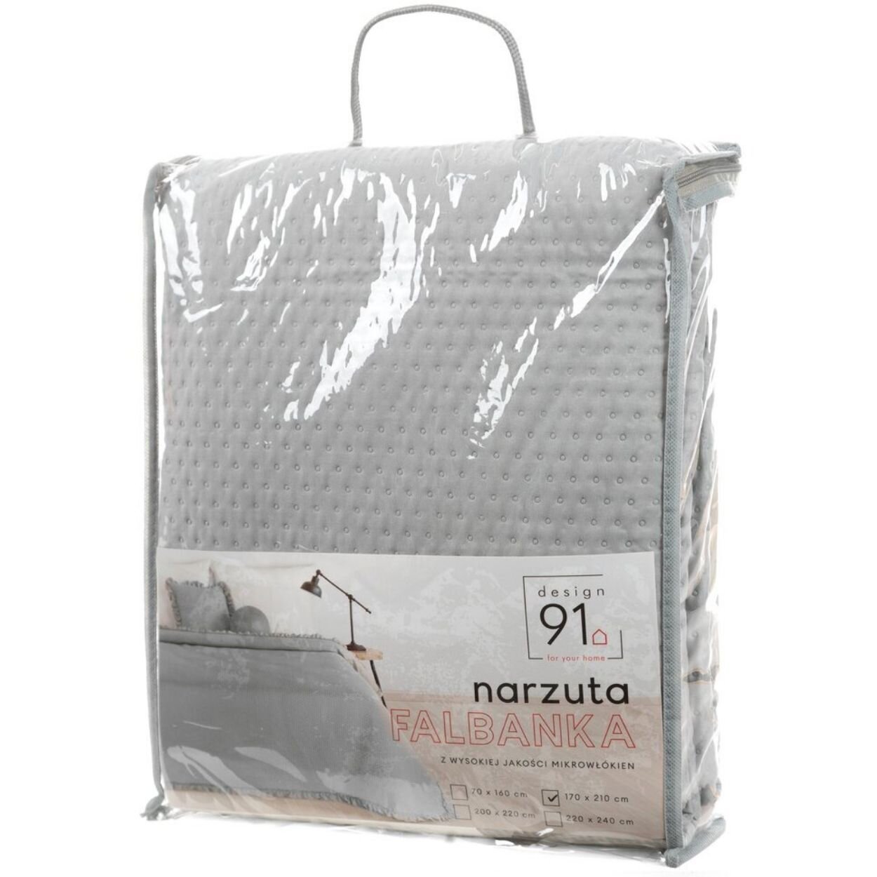 Opakowanie narzuty na łóżko z falbanką w kolorze srebrnym, z widocznym tekstem: \'design 91\', \'narzuta FALBANKA\', \'170 x 210 cm\'.