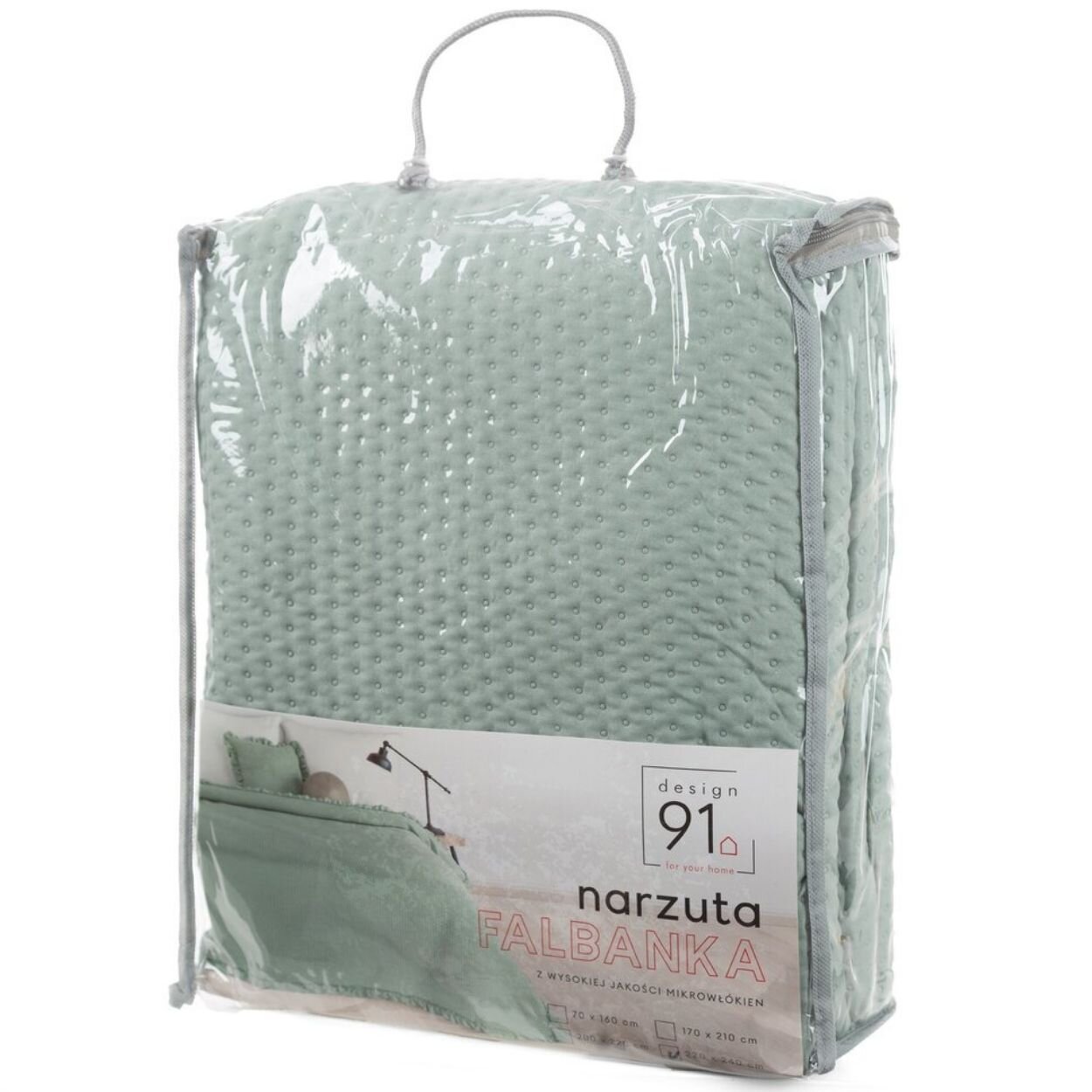 Opakowanie narzuty dekoracyjnej w kolorze szałwiowym z widocznym tekstem: \'design 91\', \'narzuta FALBANKA\', \'170 x 210 cm\'.