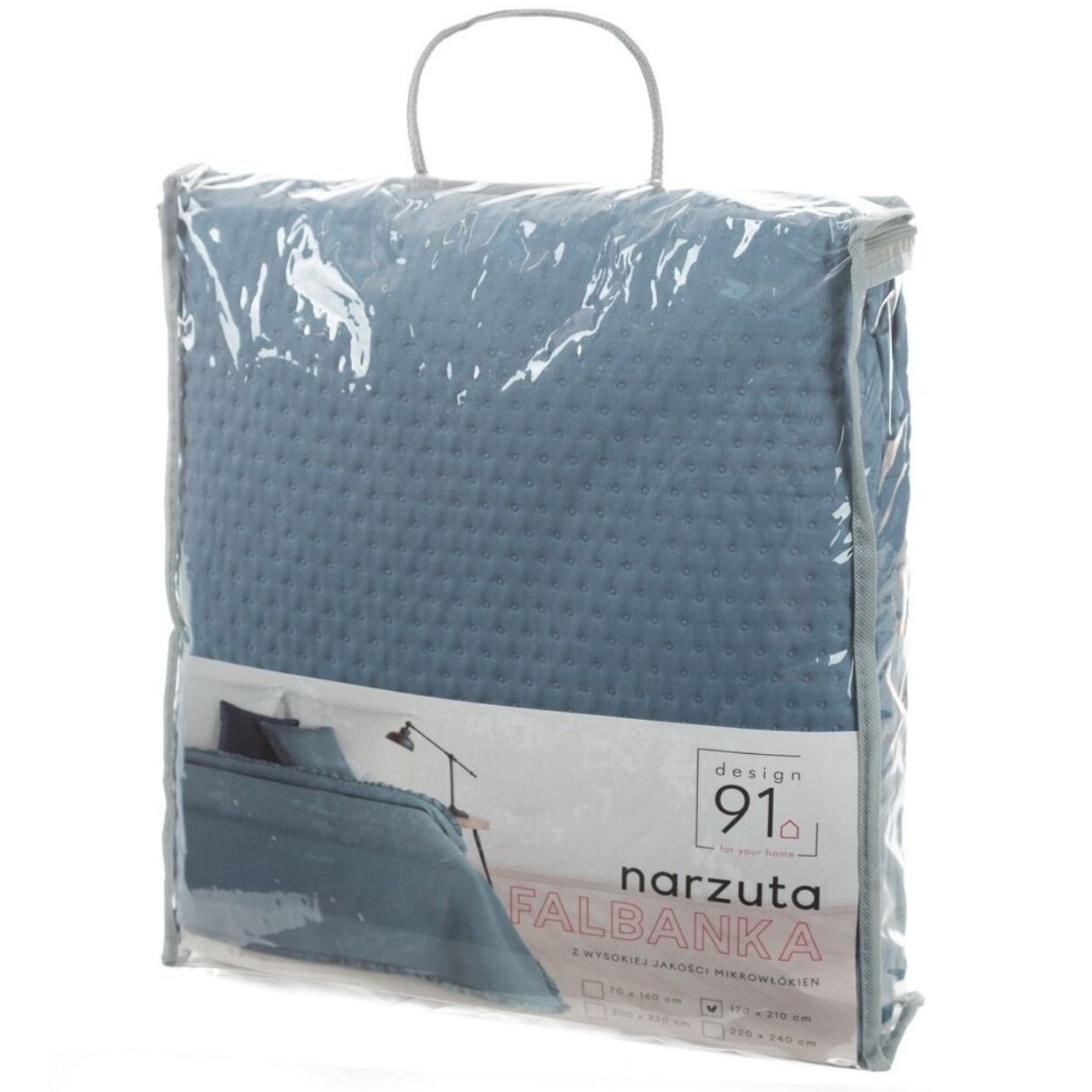 Opakowanie granatowej pikowanej narzuty na łóżko z napisem \'narzuta FALBANKA\' oraz \'design 91\'.