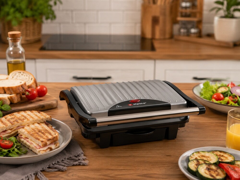 Na drewnianym blacie kuchennym znajduje się grill elektryczny z logo \'alpine\' na pokrywie. Wokół grilla widoczne są talerze z jedzeniem, w tym kanapki, sałatka i grillowane warzywa.