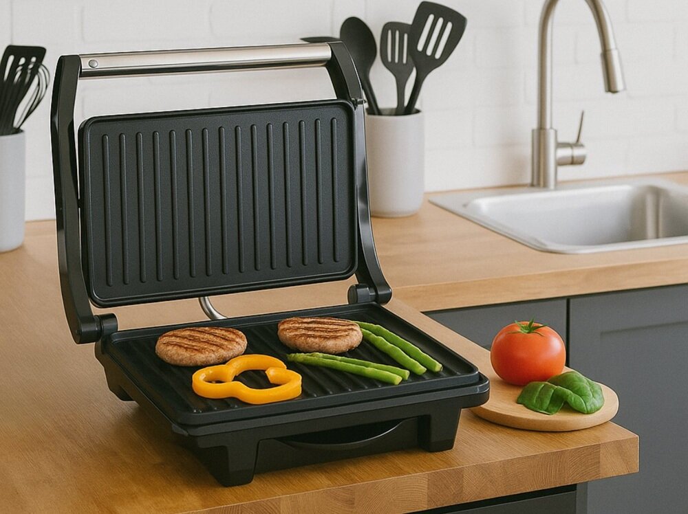 Na blacie kuchennym znajduje się otwarty grill elektryczny z dwoma kawałkami mięsa, żółtą papryką i szparagami. Obok leży deska z pomidorem i liśćmi sałaty, a w tle widać zlew i przybory kuchenne.