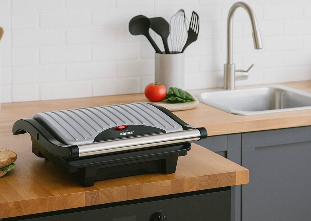 Na drewnianym blacie kuchennym stoi grill elektryczny z logo \'alpina\' na pokrywie. W tle widoczny jest zlew, przybory kuchenne i warzywa.