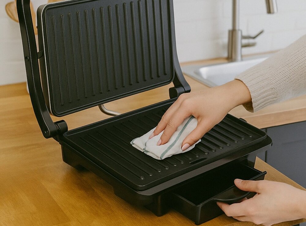 Osoba czyści grill elektryczny z otwartą pokrywą, używając ściereczki. Grill znajduje się na drewnianym blacie kuchennym.