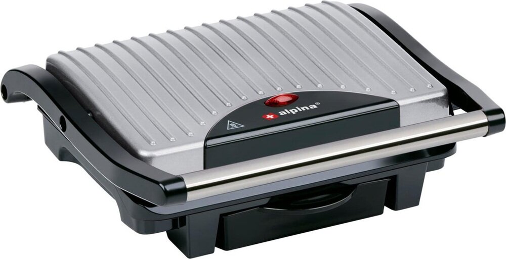 Grill elektryczny z metalową pokrywą i czarnymi elementami, na której widnieje logo \'alpina\'. Na górnej części znajduje się czerwony wskaźnik świetlny.