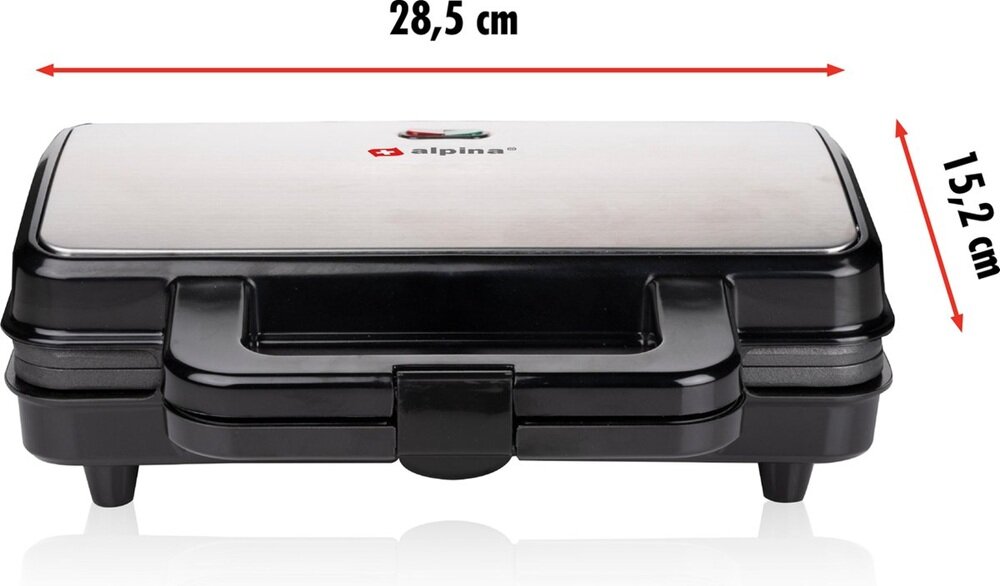 Opiekacz ALPINA XL opiekacz wraz z wymiarami na białym tle, duża powierzchnia grillowa, głębokie formy