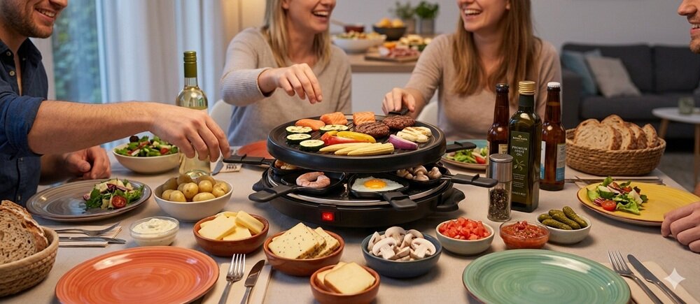 Na stole znajduje się grill elektryczny z różnorodnymi potrawami, otoczony przez osoby przygotowujące posiłek. Wokół grilla widoczne są talerze z jedzeniem, butelki z oliwą oraz inne akcesoria kuchenne.
