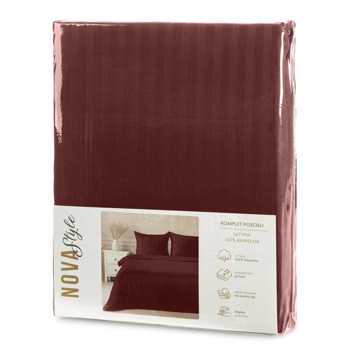 Opakowanie pościeli w kolorze burgundowym z delikatnym wzorem w pasy. Na etykiecie widnieje napis \'NOVA Style\' oraz informacje o produkcie: \'KOMPLET POŚCIELI SATYNA 100% BAWEŁNA\'.