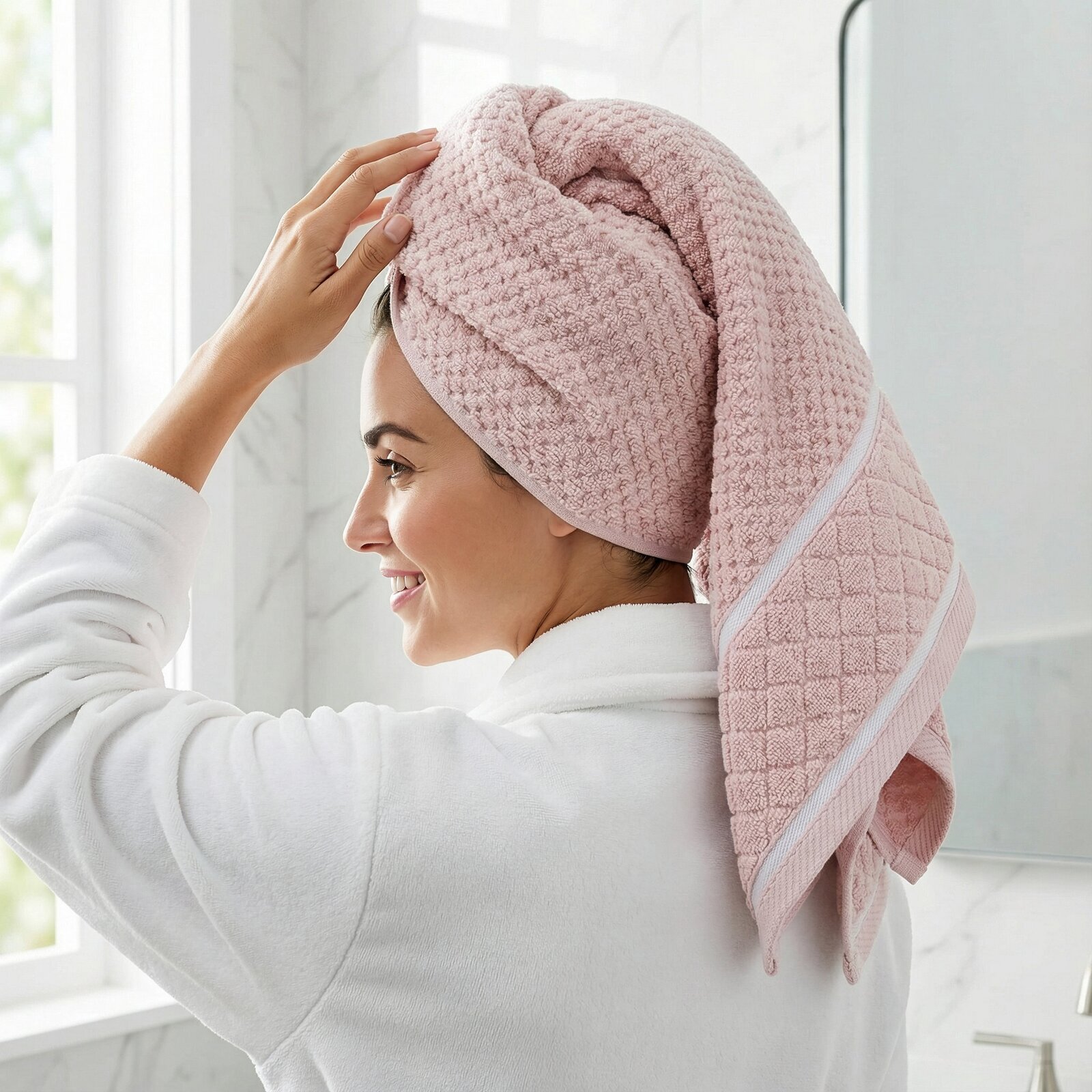 Osoba w białym szlafroku ma na głowie różowy ręcznik owinięty w turban. W tle widać jasne wnętrze łazienki z oknem.