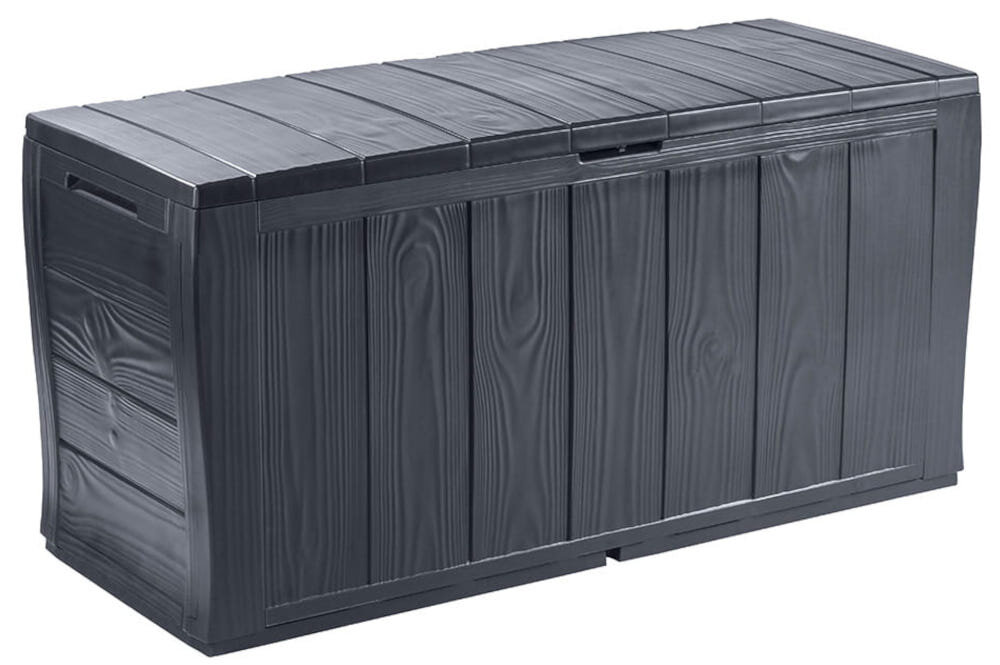 Na obrazie widoczna jest brązowa skrzynia ogrodowa z teksturą imitującą drewno. Skrzynia ma prostokątny kształt i uchwyty po bokach.