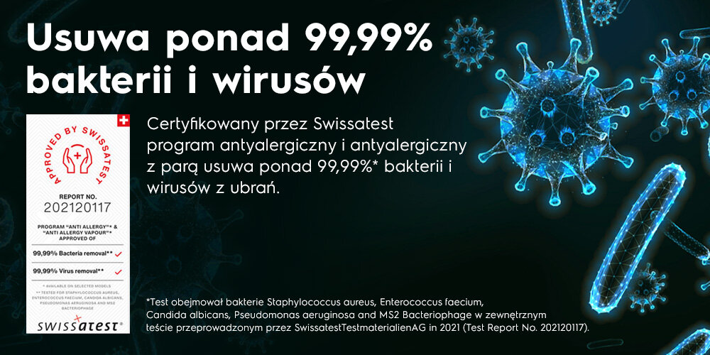 Grafika przedstawia tekst: \'Usuwa ponad 99,99% bakterii i wirusów. Certyfikowany przez Swissatest program antyalergiczny i antyalergiczny z parą usuwa ponad 99,99%* bakterii i wirusów z ubrań.\' Obok znajduje się logo Swissatest i szczegóły dotyczące testu, w tym numer raportu 202120117.